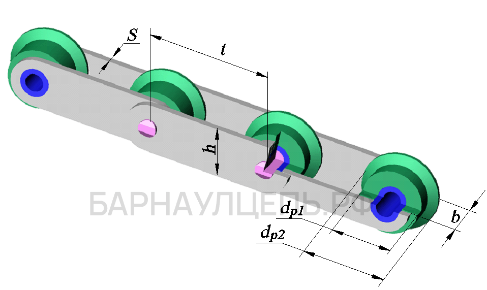 Схема тяговой пластинчатой цепи исполнение 1 тип 4 неразборная катковая с ребордами