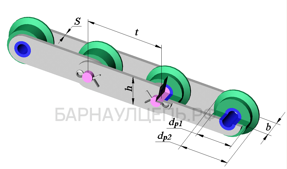 Схема тяговой пластинчатой цепи исполнение 2 тип 4 разборная катковая с ребордами